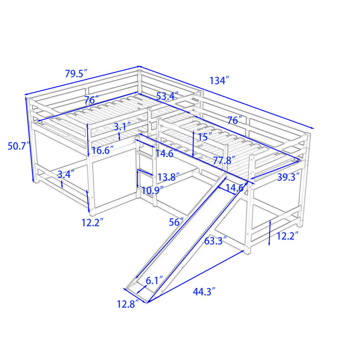 Harriet Bee Faso LShaped Quad Wood Bunk Bed, Full over Full and Twin